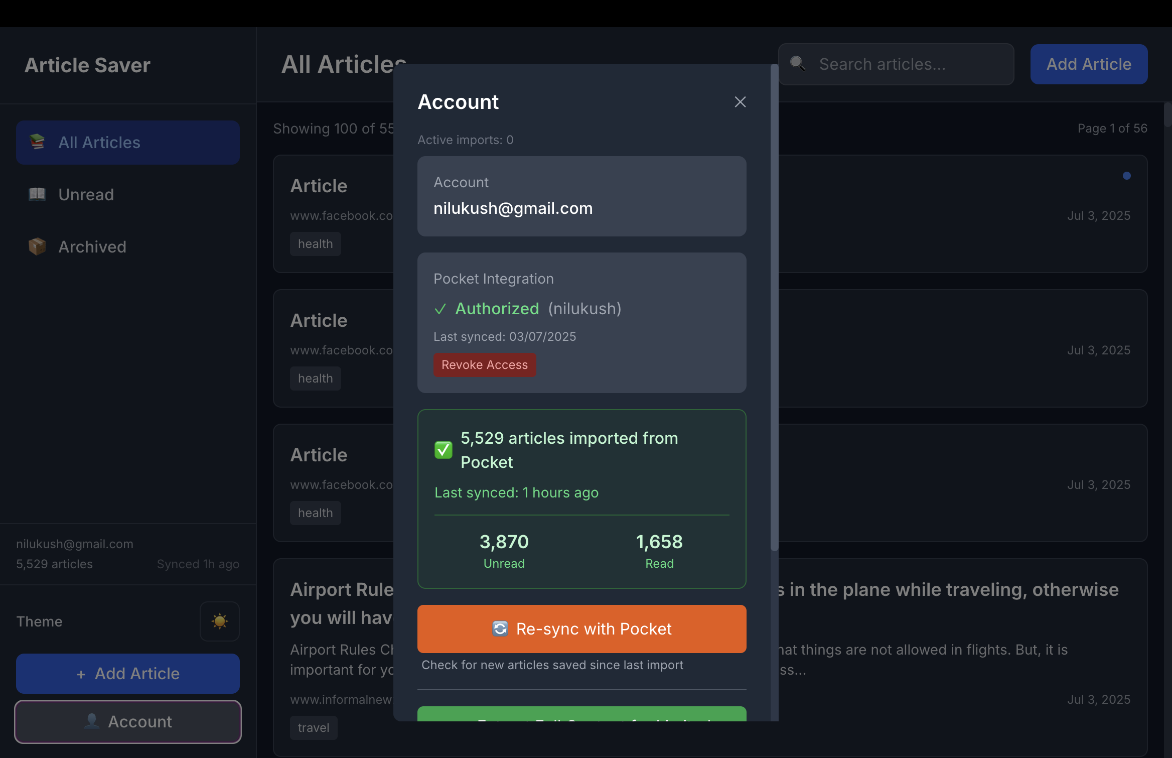 Account panel showing Pocket integration authorized and sync status with 3,870 unread articles