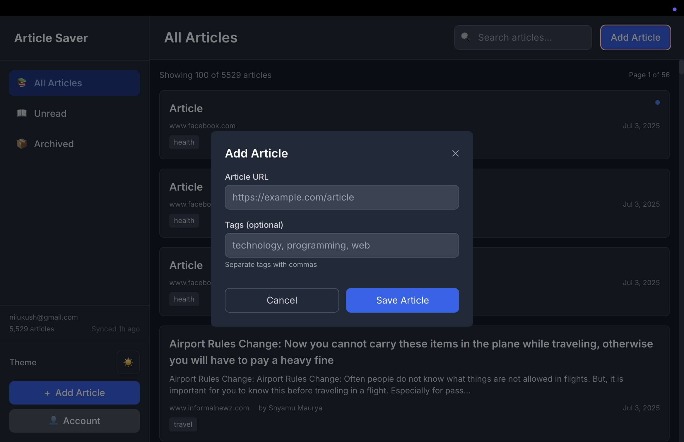 Add article dialog with URL input and tag management for organizing saved content