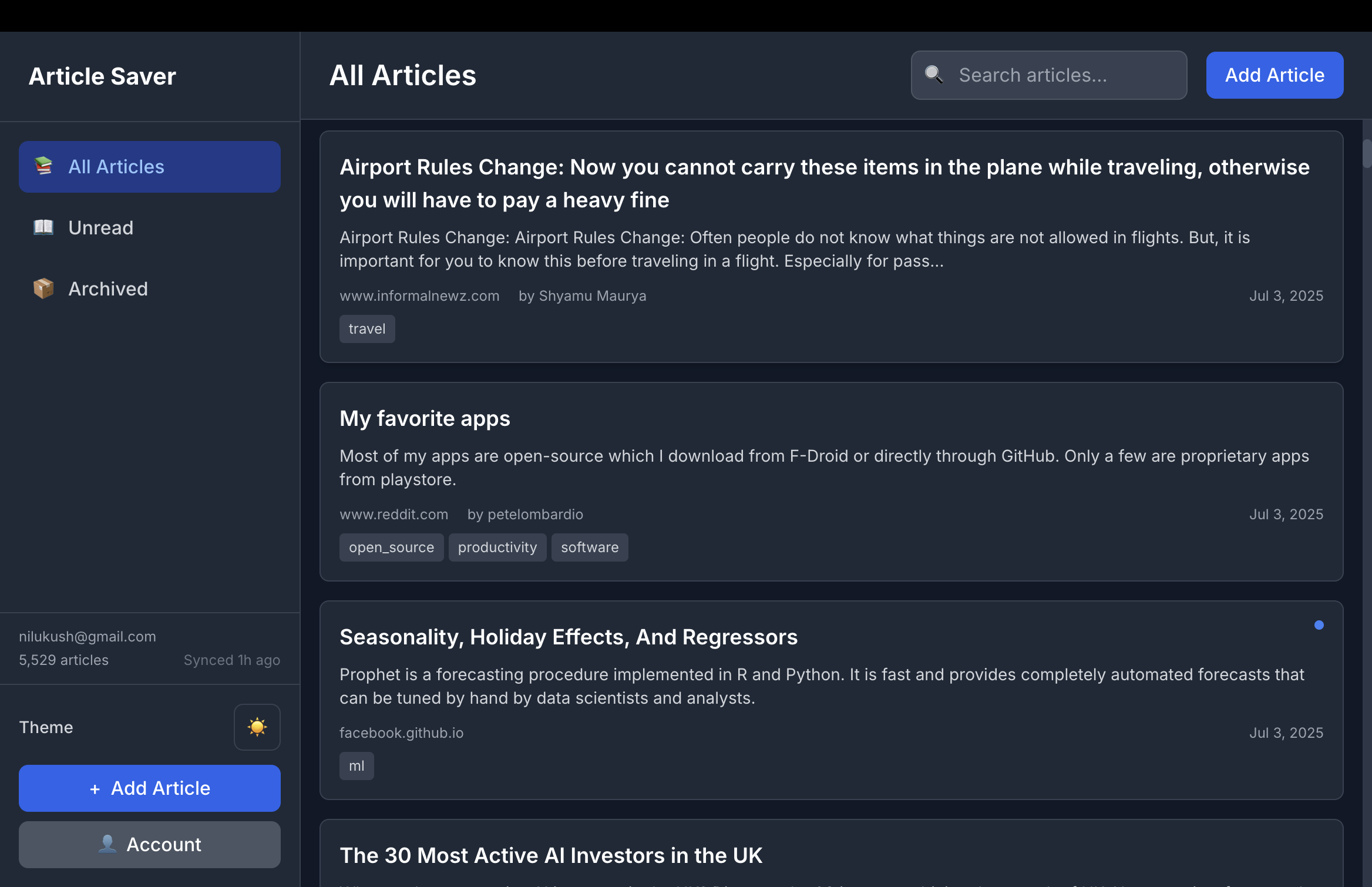 Article Saver main interface showing 5,529 imported articles with tags and search functionality
