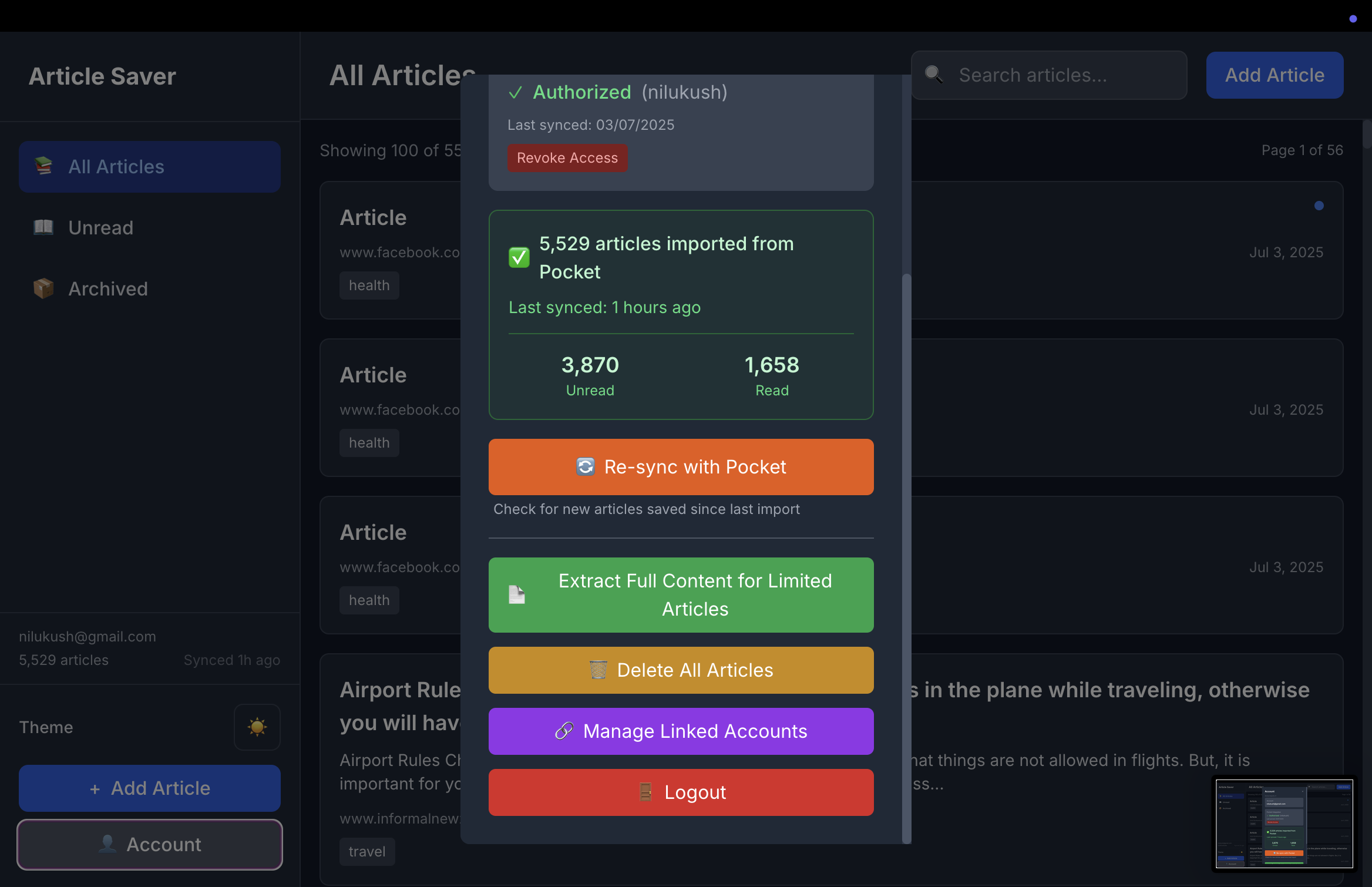 Pocket import successful showing 5,529 articles imported with options to re-sync and manage content
